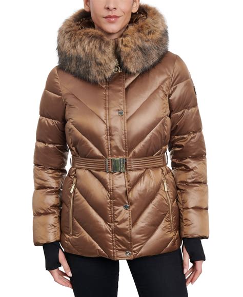 michael kors women's belted faux-fur-trim hooded puffer coat